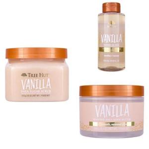 imageTree Hut Vanilla Body Care Bundle Shea Sugar Scrub Foaming Gel Body Wash ampamp Whipped Body Butter Exfoliate Cleanse and Moisturize Dry Skin with Sweet Vanilla Scent NonGreasy Hydration